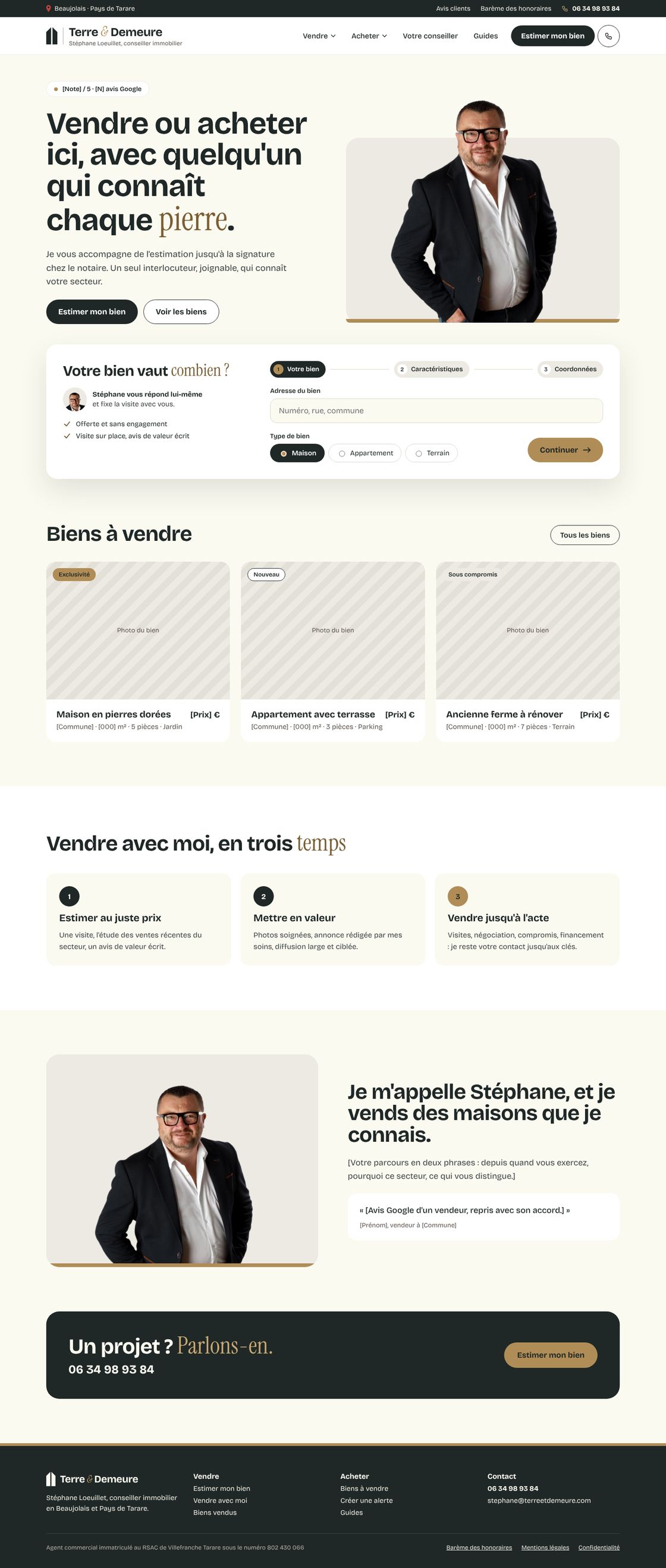 Maquette de la page d'accueil de la piste 1 : portrait de Stéphane, carte d'estimation en trois étapes, biens à vendre, méthode en trois temps, avis et contact.
